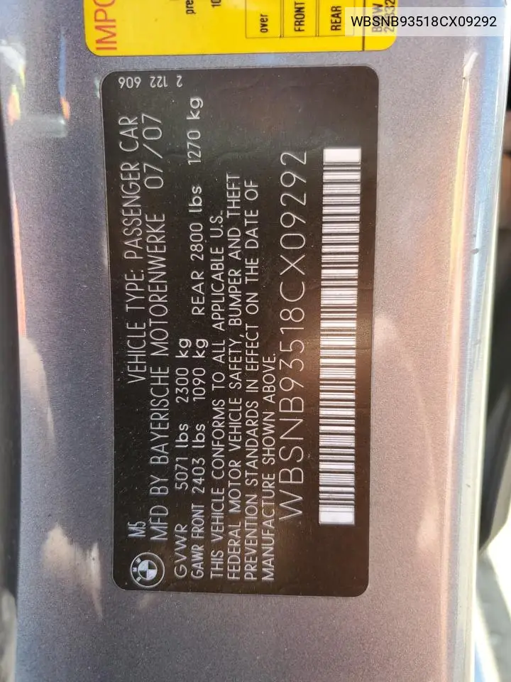 2008 BMW M5 VIN: WBSNB93518CX09292 Lot: 57896195