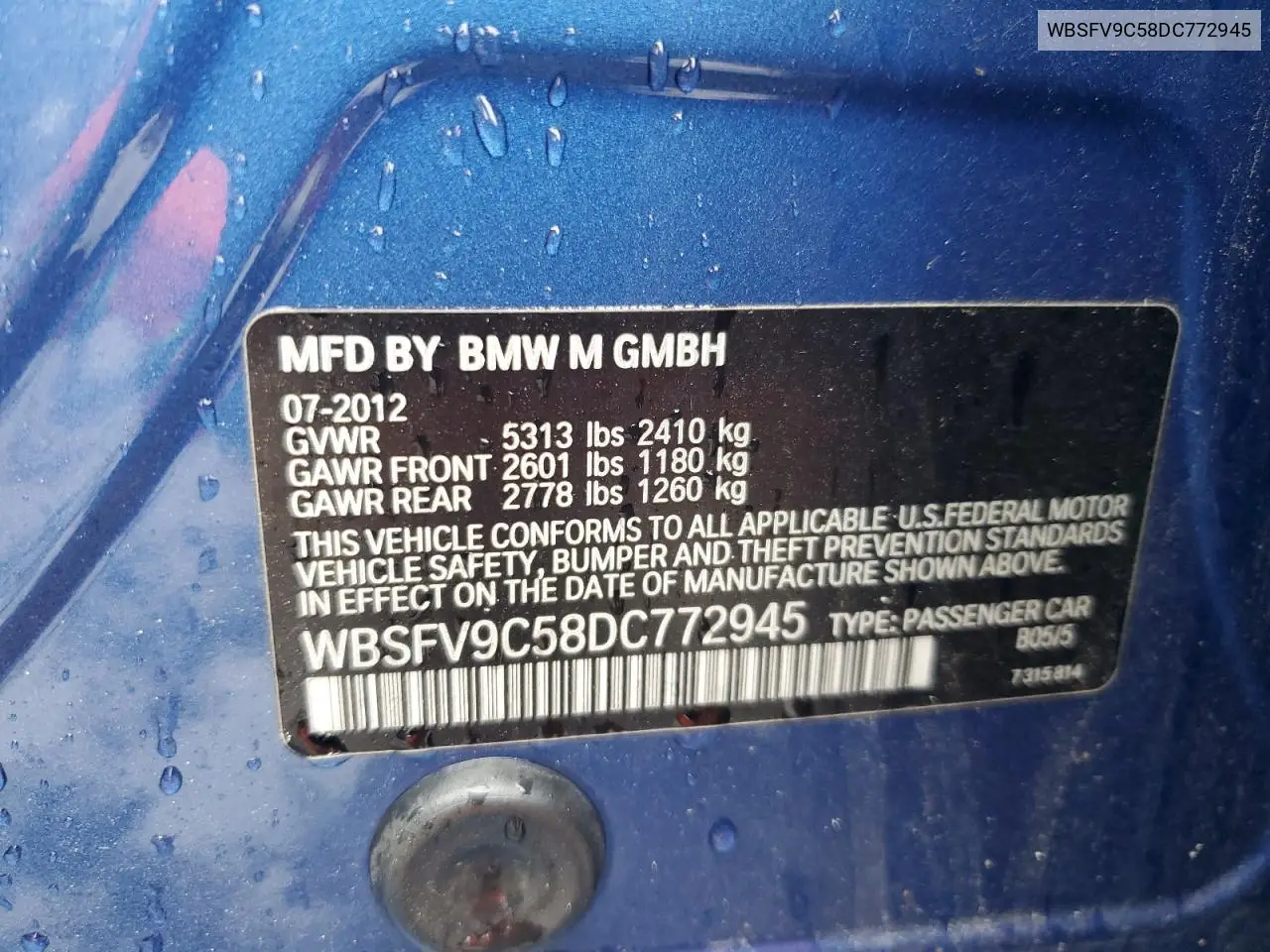 2013 BMW M5 VIN: WBSFV9C58DC772945 Lot: 55759565