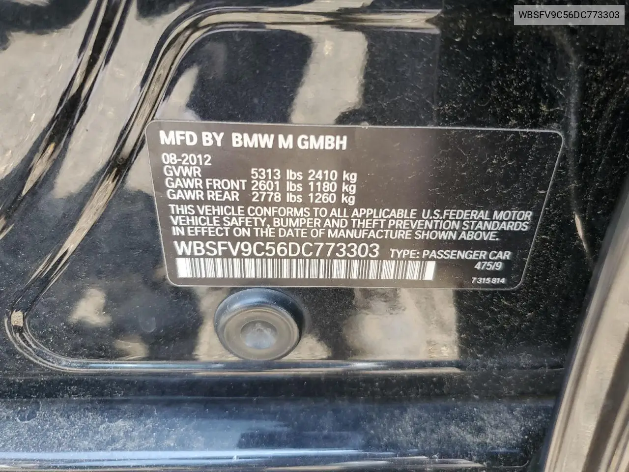2013 BMW M5 VIN: WBSFV9C56DC773303 Lot: 62660055
