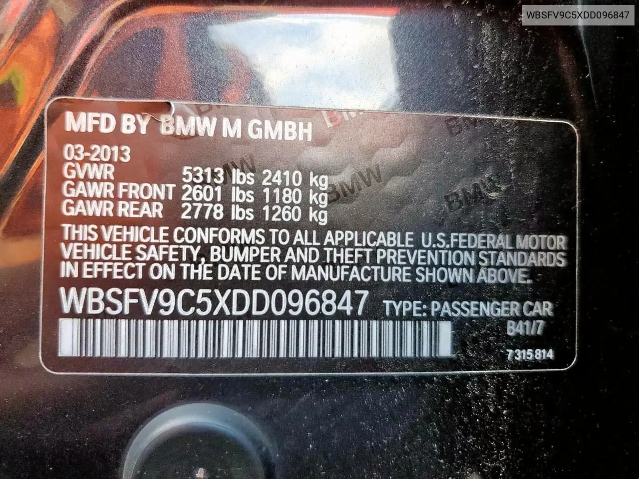 2013 BMW M5 VIN: WBSFV9C5XDD096847 Lot: 63317275
