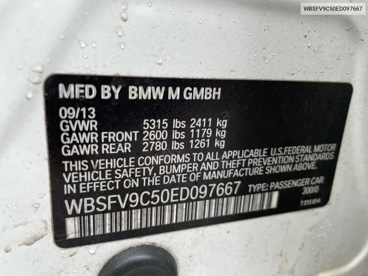 2014 BMW M5 VIN: WBSFV9C50ED097667 Lot: 55102255