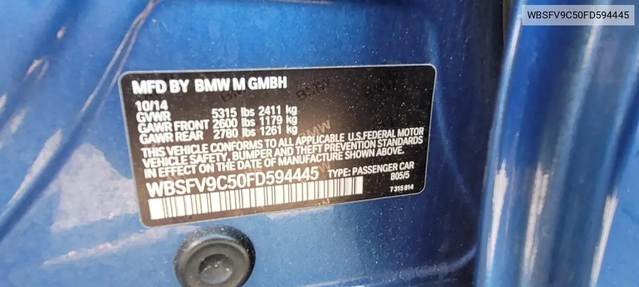 2015 BMW M5 VIN: WBSFV9C50FD594445 Lot: 62660695