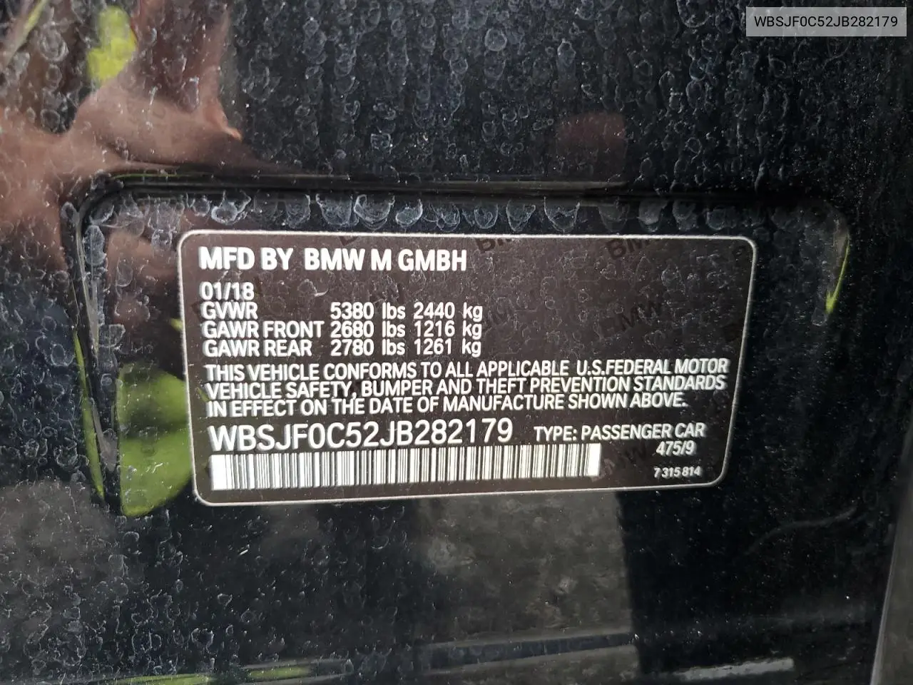 2018 BMW M5 VIN: WBSJF0C52JB282179 Lot: 63654325
