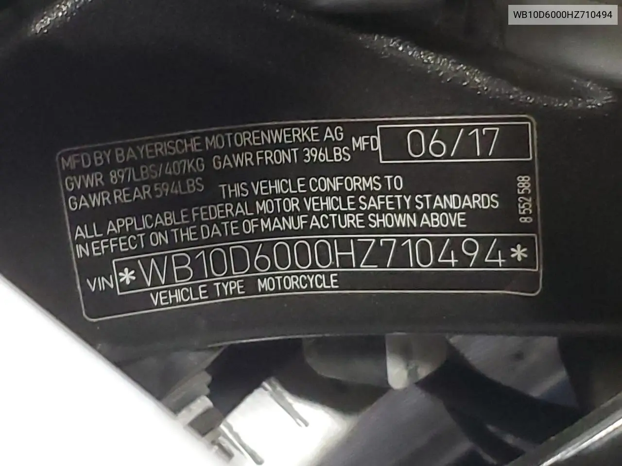 2017 BMW S 1000 Rr VIN: WB10D6000HZ710494 Lot: 63079855