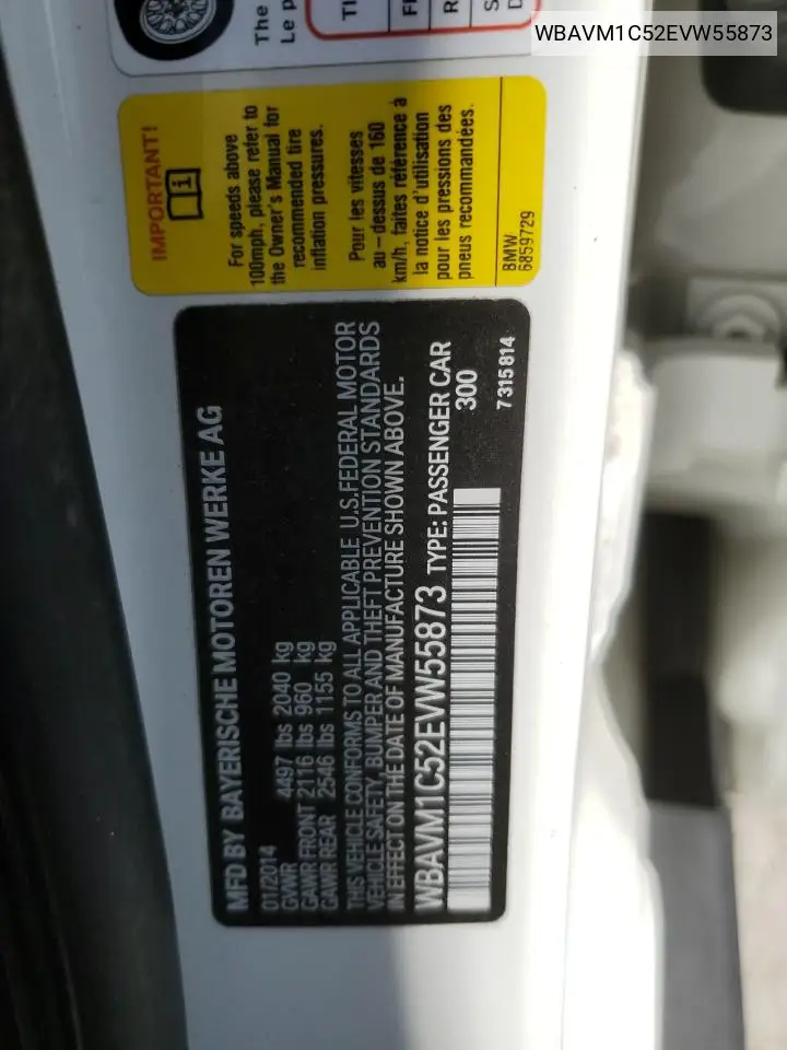2014 BMW X1 Sdrive28I VIN: WBAVM1C52EVW55873 Lot: 52191135
