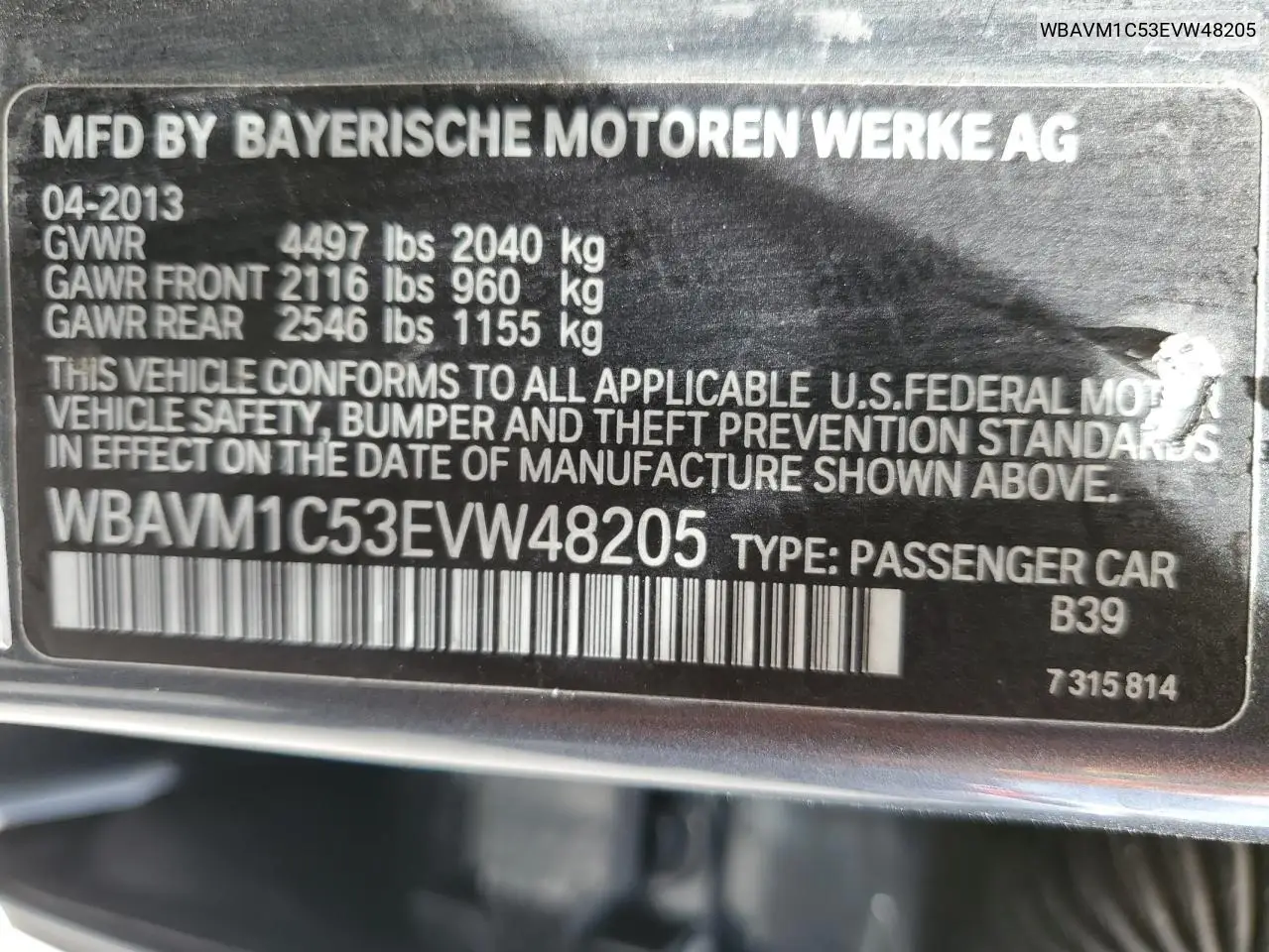 2014 BMW X1 Sdrive28I VIN: WBAVM1C53EVW48205 Lot: 55626665