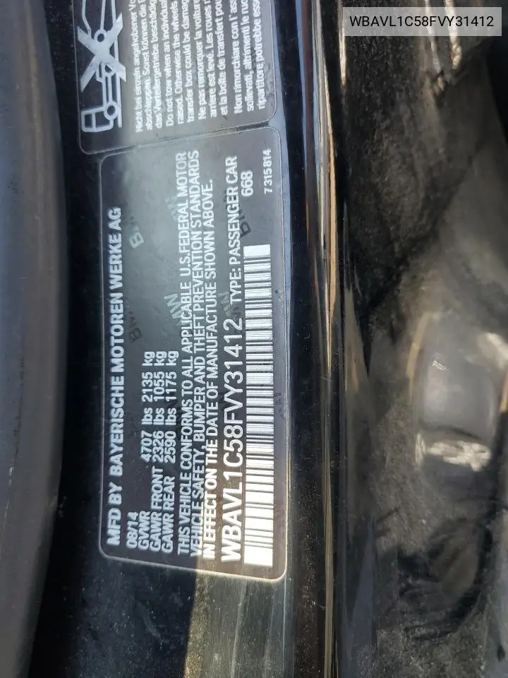 2015 BMW X1 xDrive28I VIN: WBAVL1C58FVY31412 Lot: 62178685