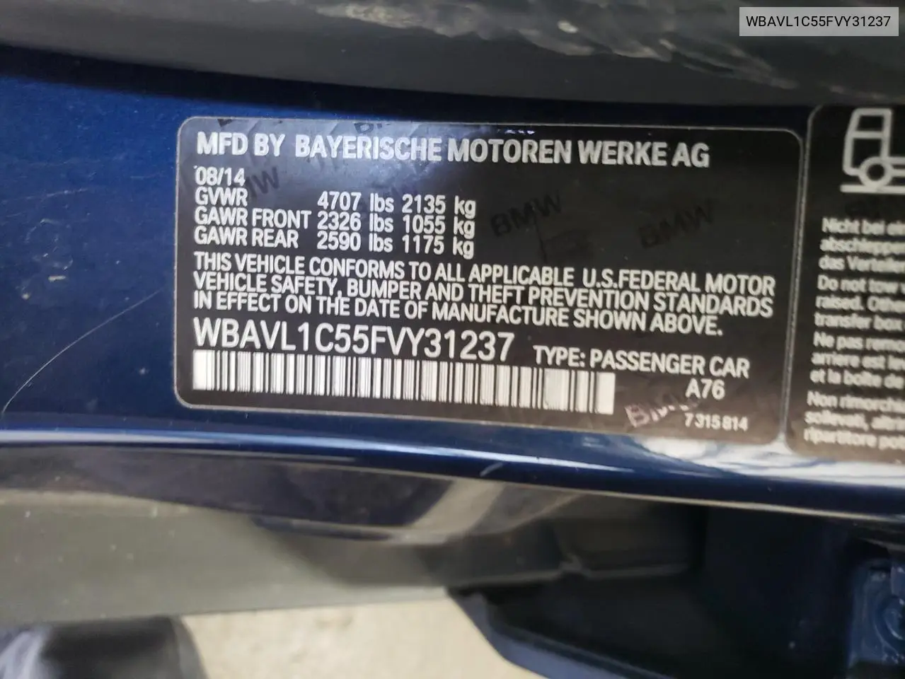 2015 BMW X1 xDrive28I VIN: WBAVL1C55FVY31237 Lot: 64304365