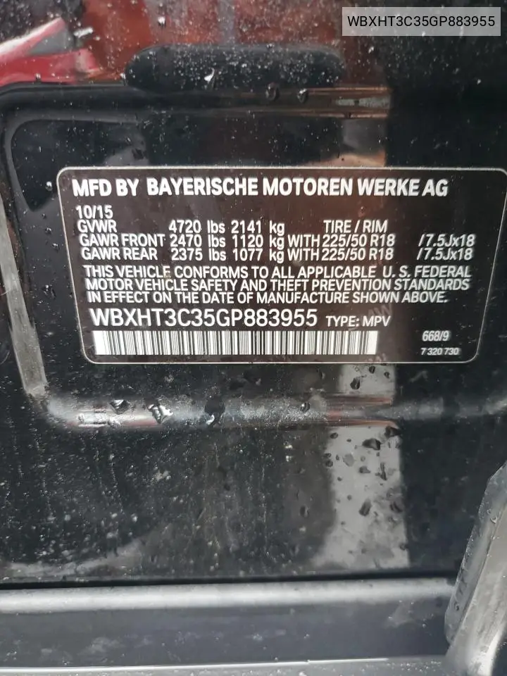 2016 BMW X1 xDrive28I VIN: WBXHT3C35GP883955 Lot: 56178965