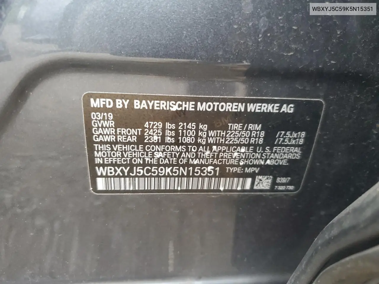 2019 BMW X2 xDrive28I VIN: WBXYJ5C59K5N15351 Lot: 62227005