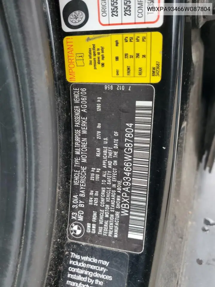 2006 BMW X3 3.0I VIN: WBXPA93466WG87804 Lot: 62576315
