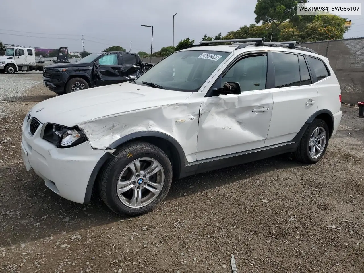 2006 BMW X3 3.0I VIN: WBXPA93416WG86107 Lot: 62865425
