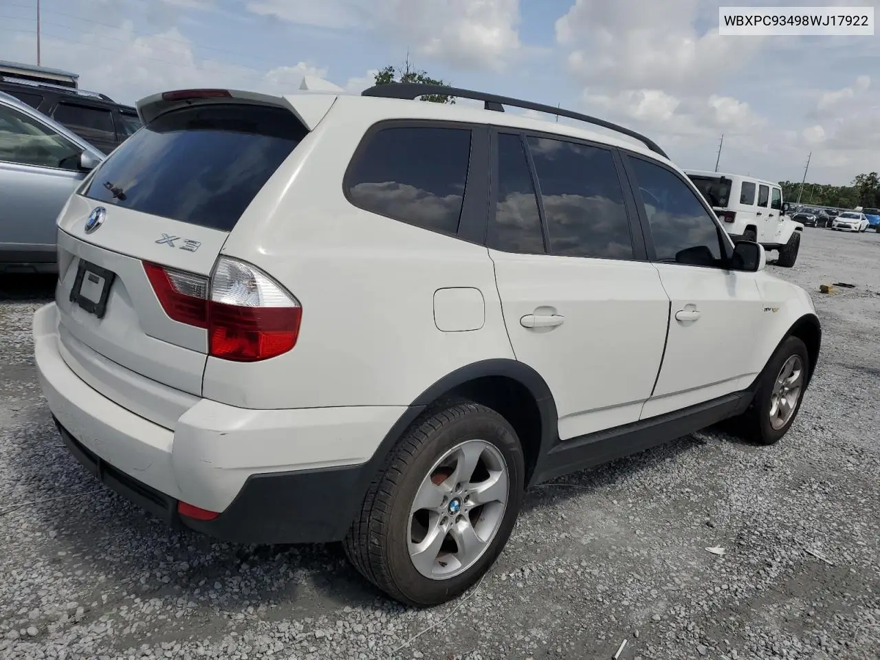 2008 BMW X3 3.0Si VIN: WBXPC93498WJ17922 Lot: 59837615