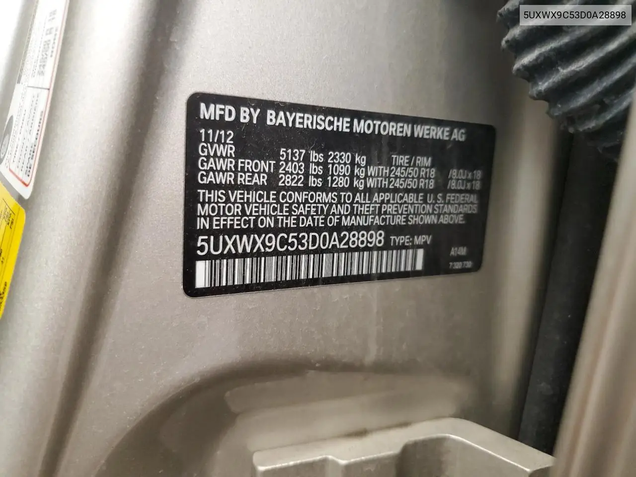 2013 BMW X3 xDrive28I VIN: 5UXWX9C53D0A28898 Lot: 56381145