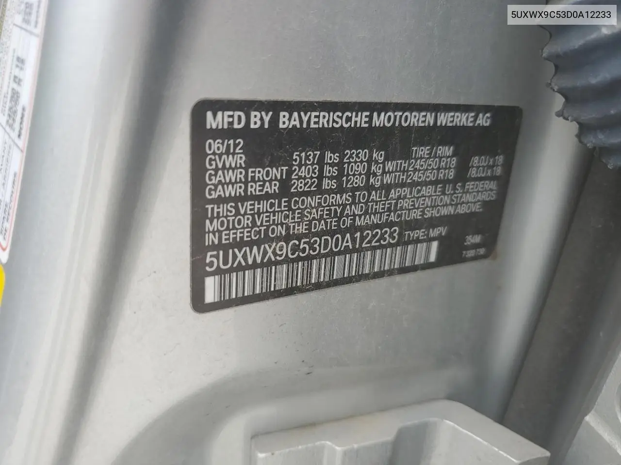 2013 BMW X3 xDrive28I VIN: 5UXWX9C53D0A12233 Lot: 63038925