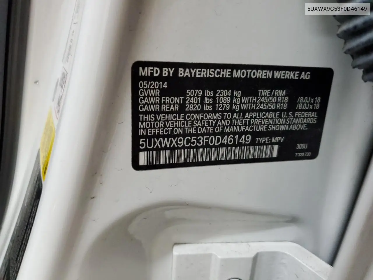2015 BMW X3 xDrive28I VIN: 5UXWX9C53F0D46149 Lot: 62356125
