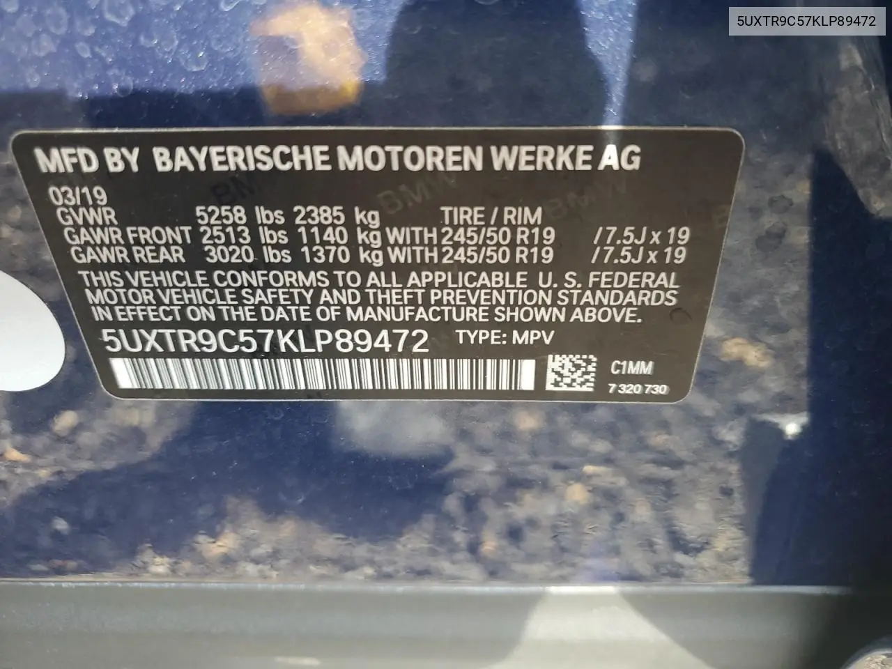2019 BMW X3 xDrive30I VIN: 5UXTR9C57KLP89472 Lot: 62178255