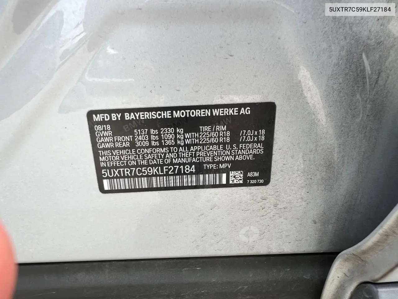 2019 BMW X3 Sdrive30I VIN: 5UXTR7C59KLF27184 Lot: 63076895
