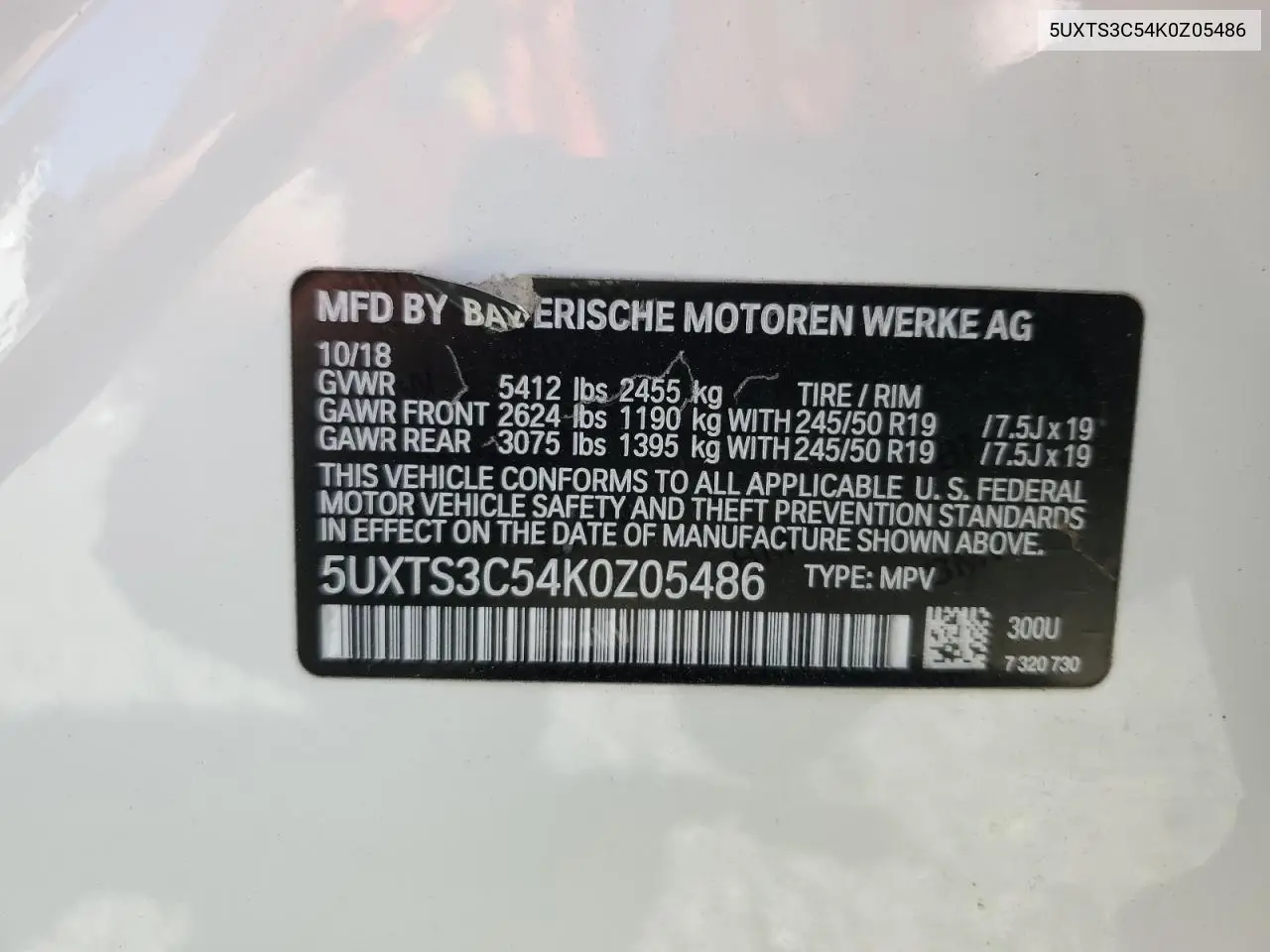 2019 BMW X3 xDrivem40I VIN: 5UXTS3C54K0Z05486 Lot: 63111375
