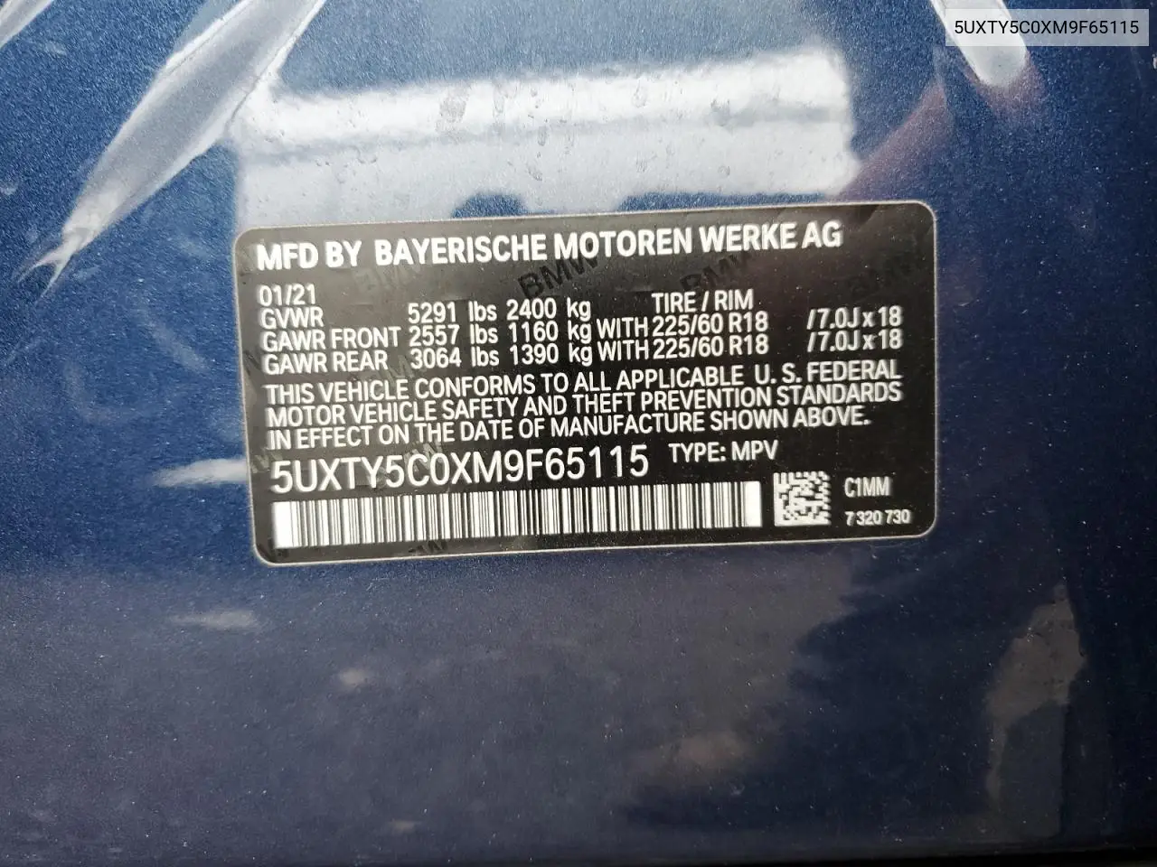 2021 BMW X3 xDrive30I VIN: 5UXTY5C0XM9F65115 Lot: 56653555