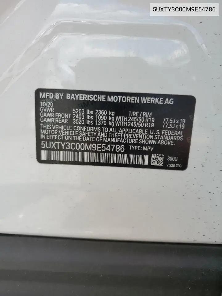 2021 BMW X3 Sdrive30I VIN: 5UXTY3C00M9E54786 Lot: 62235945