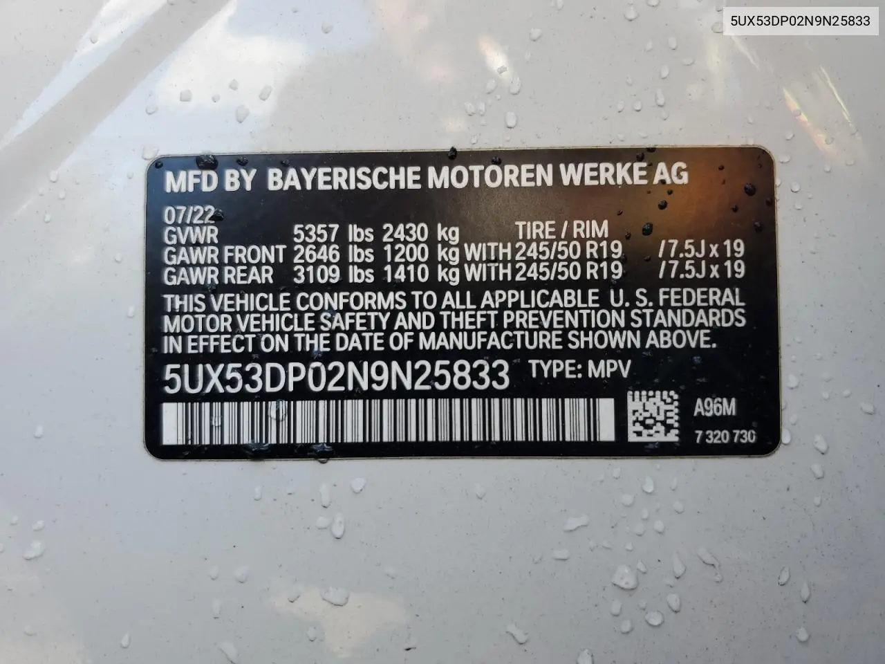 2022 BMW X3 xDrive30I VIN: 5UX53DP02N9N25833 Lot: 79270624