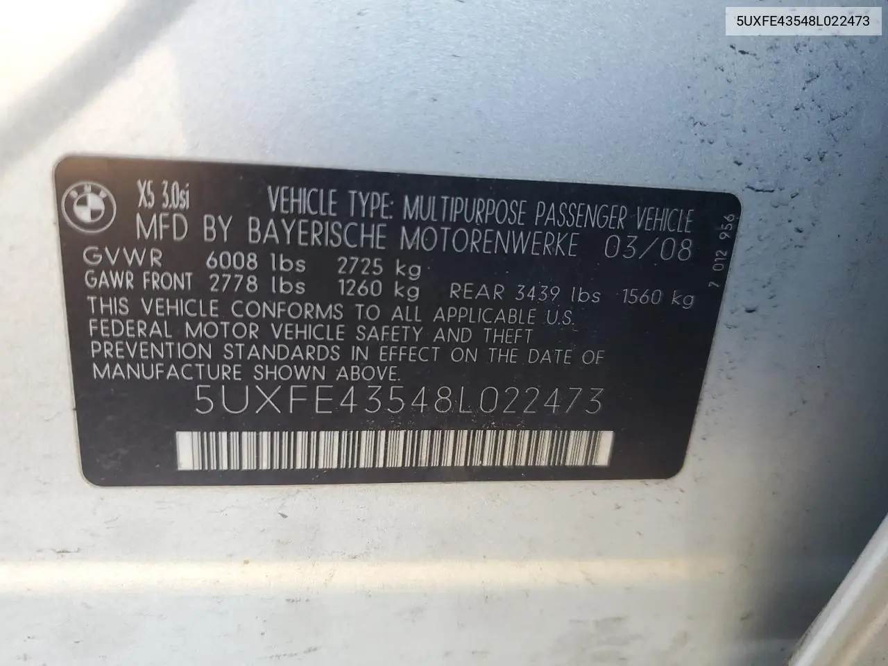 2008 BMW X5 3.0I VIN: 5UXFE43548L022473 Lot: 56577005