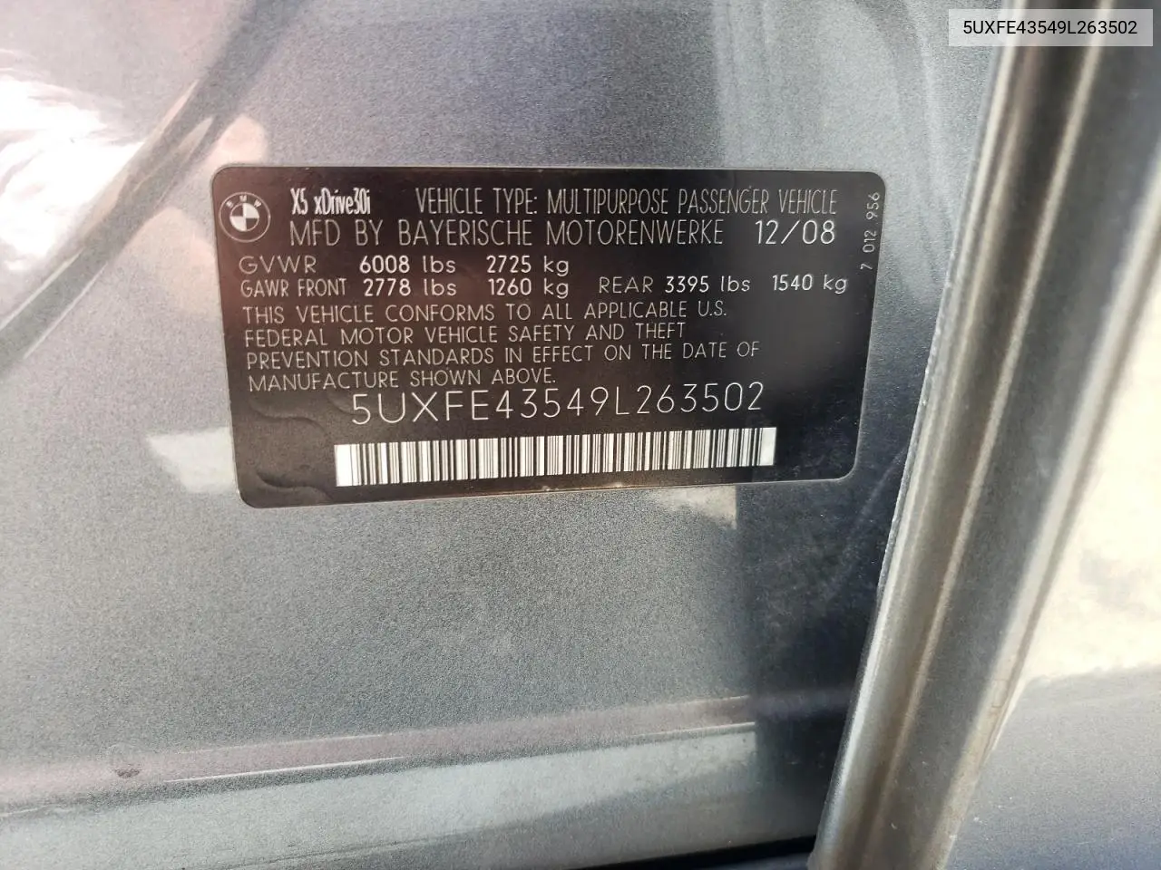 2009 BMW X5 xDrive30I VIN: 5UXFE43549L263502 Lot: 63124845