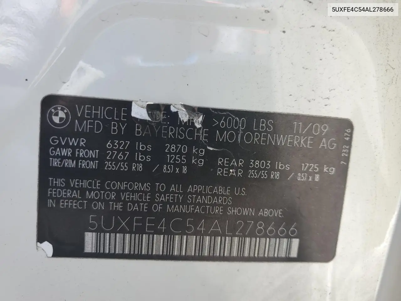 2010 BMW X5 xDrive30I VIN: 5UXFE4C54AL278666 Lot: 63049725