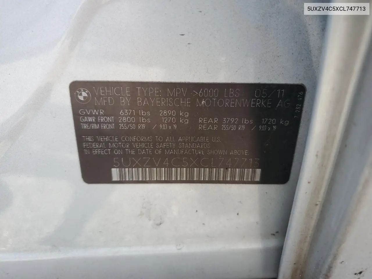 2012 BMW X5 xDrive35I VIN: 5UXZV4C5XCL747713 Lot: 62574465
