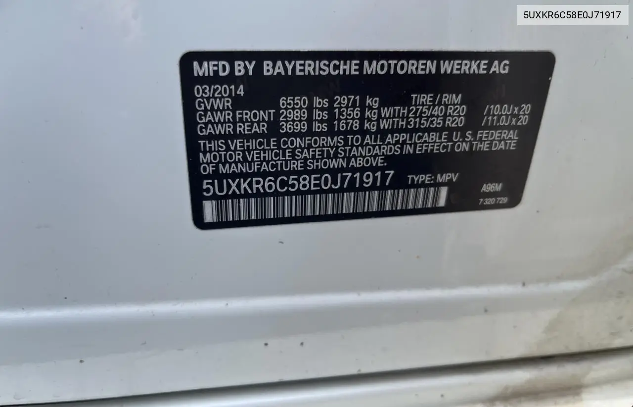 2014 BMW X5 xDrive50I VIN: 5UXKR6C58E0J71917 Lot: 63424205