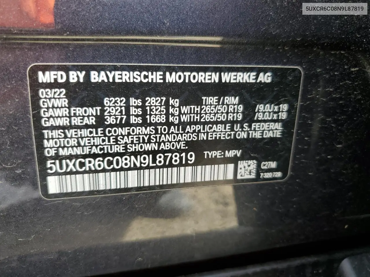 2022 BMW X5 xDrive40I VIN: 5UXCR6C08N9L87819 Lot: 62655725