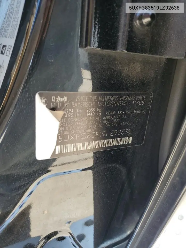 2009 BMW X6 VIN: 5UXFG83519LZ92638 Lot: 61913495
