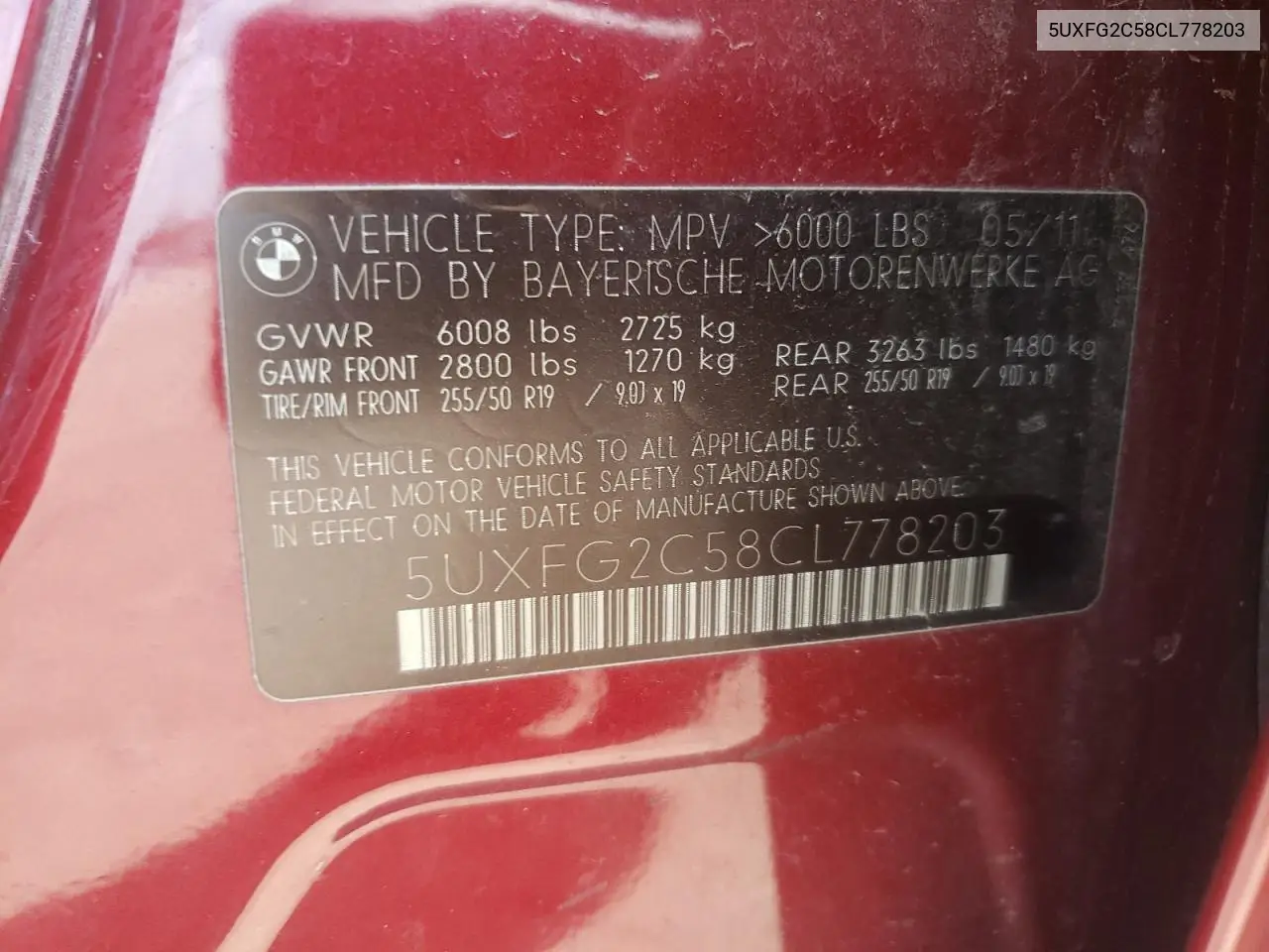 2012 BMW X6 xDrive35I VIN: 5UXFG2C58CL778203 Lot: 63223975