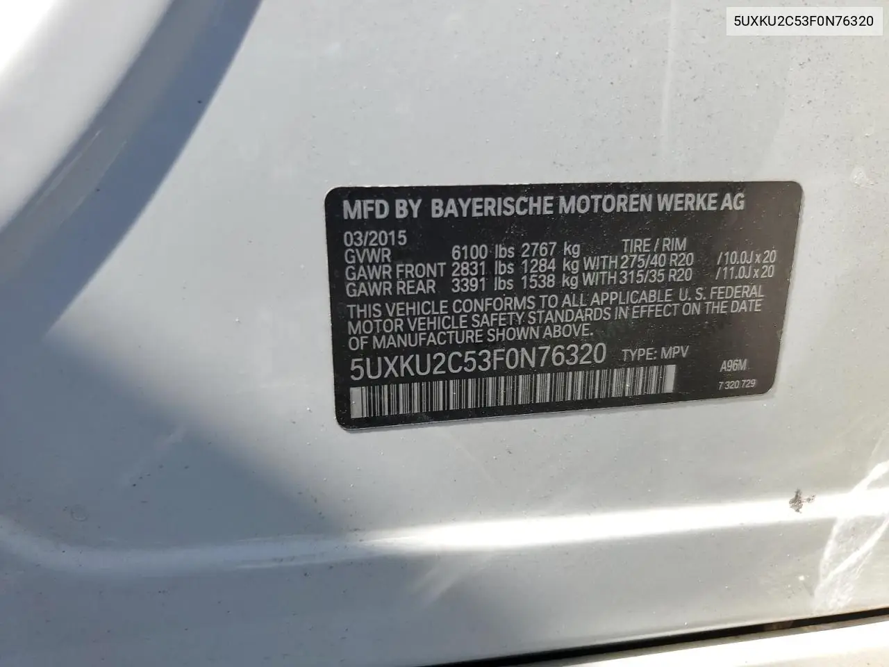 2015 BMW X6 xDrive35I VIN: 5UXKU2C53F0N76320 Lot: 60108925