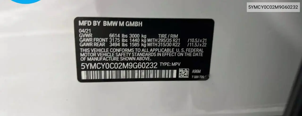 2021 BMW X6 M VIN: 5YMCY0C02M9G60232 Lot: 63500615