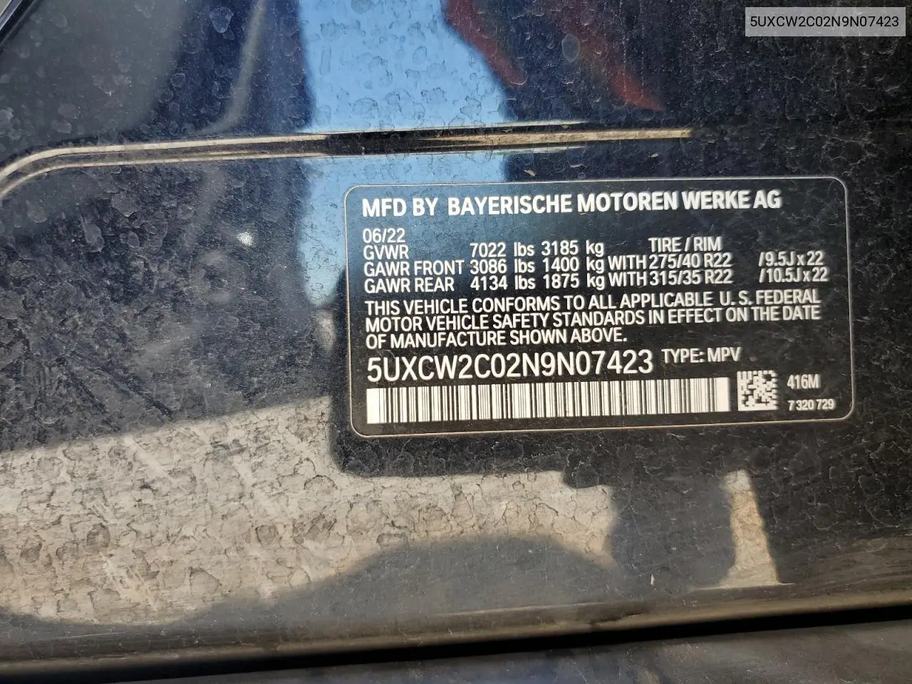 2022 BMW X7 xDrive40I VIN: 5UXCW2C02N9N07423 Lot: 51955365