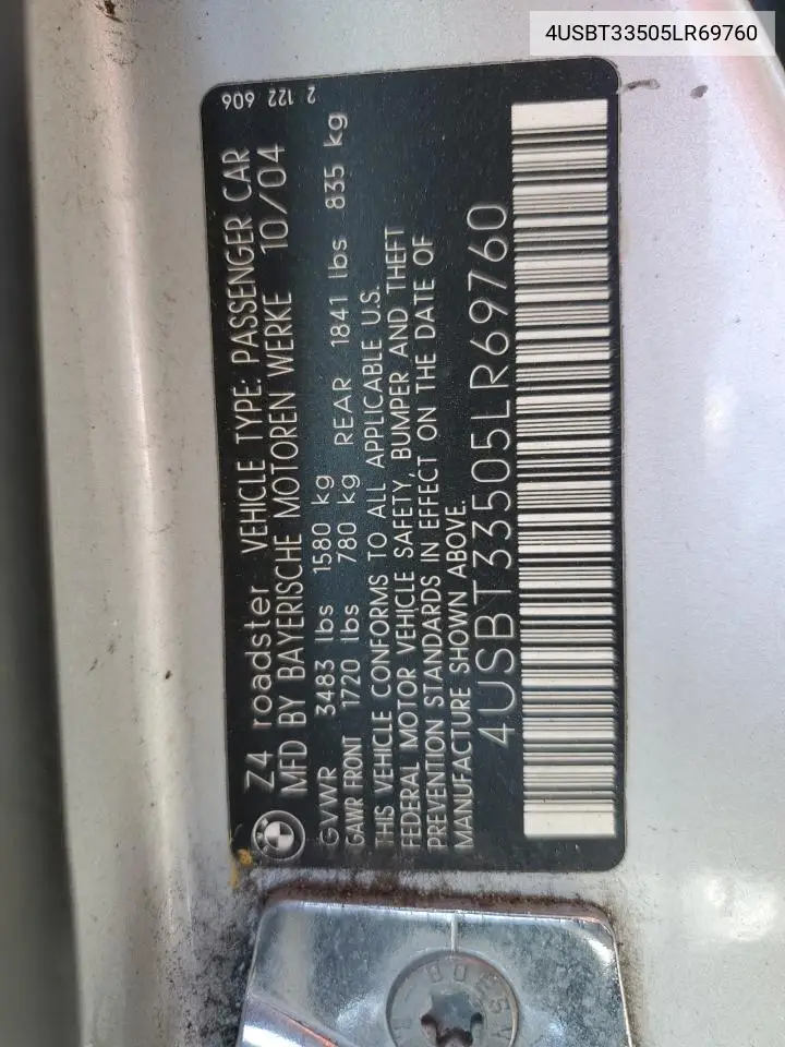 2005 BMW Z4 2.5 VIN: 4USBT33505LR69760 Lot: 55508565