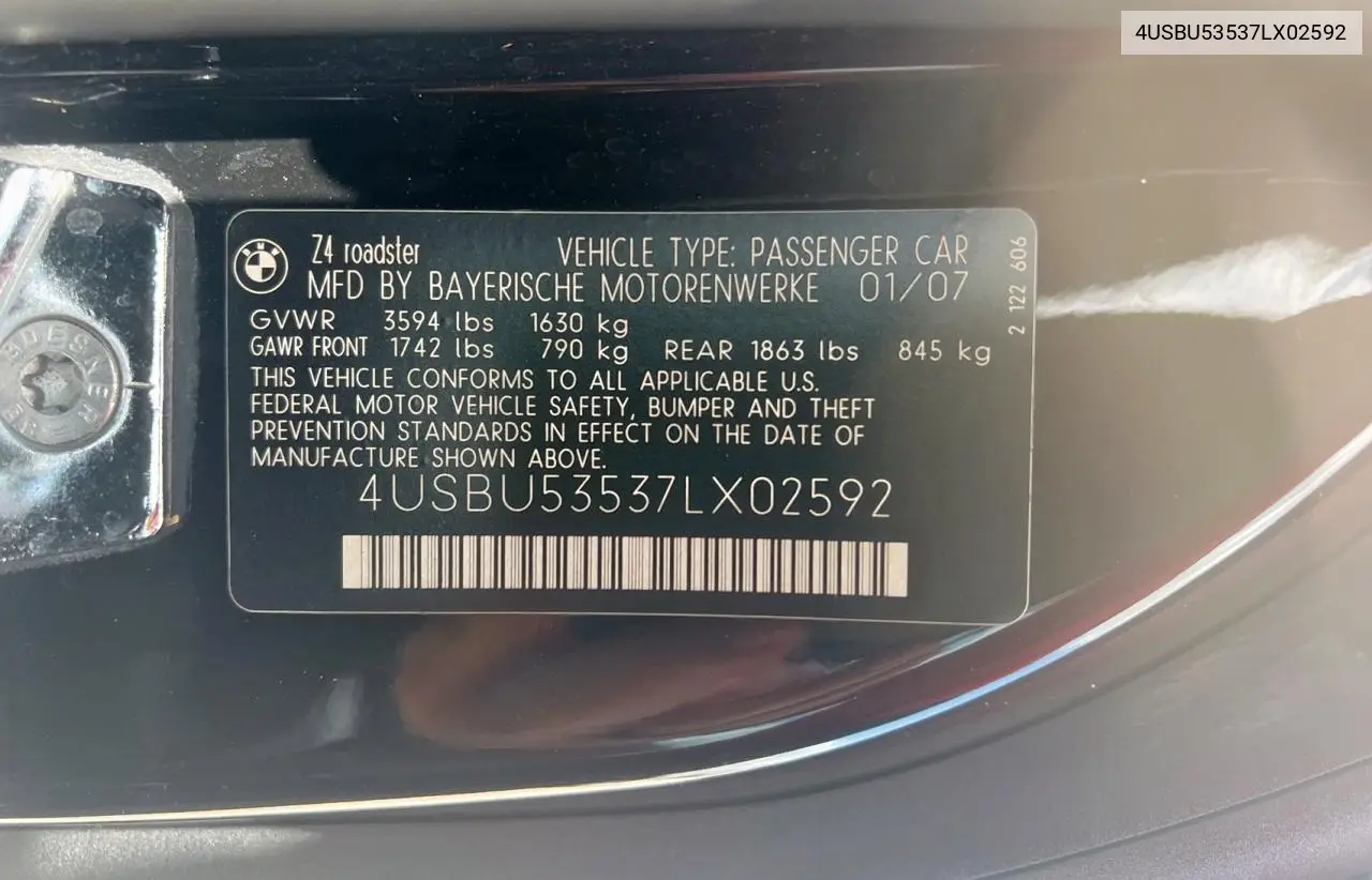 2007 BMW Z4 3.0Si VIN: 4USBU53537LX02592 Lot: 59142685