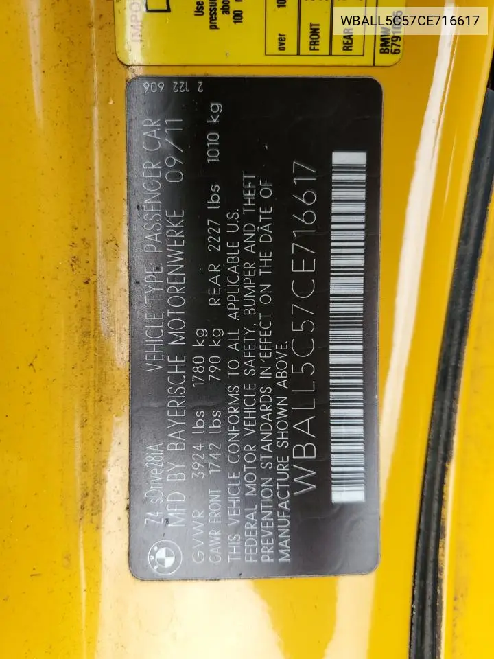 2012 BMW Z4 Sdrive28I VIN: WBALL5C57CE716617 Lot: 61099305