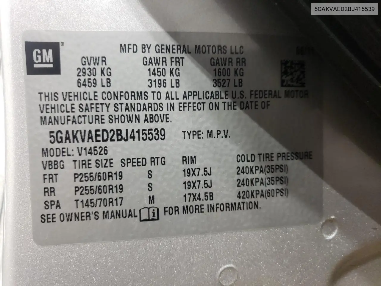 2011 Buick Enclave Cx VIN: 5GAKVAED2BJ415539 Lot: 62844945
