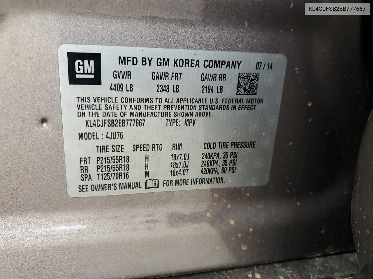 2014 Buick Encore Convenience VIN: KL4CJFSB2EB777667 Lot: 57067515