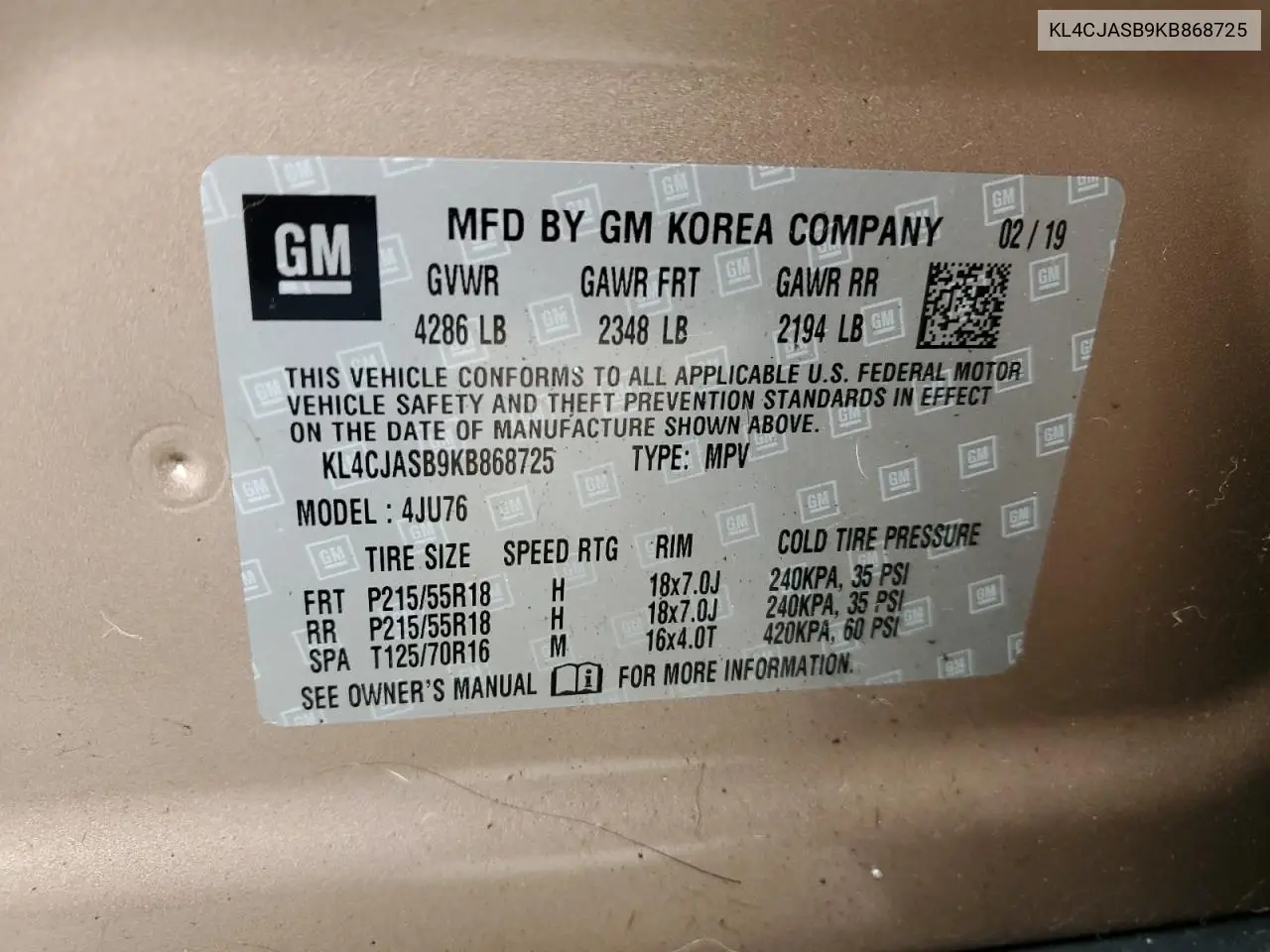 2019 Buick Encore Preferred VIN: KL4CJASB9KB868725 Lot: 56895135