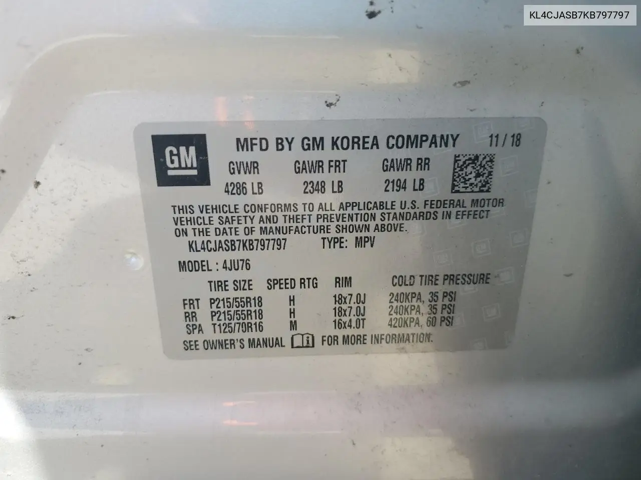 2019 Buick Encore Preferred VIN: KL4CJASB7KB797797 Lot: 63604165