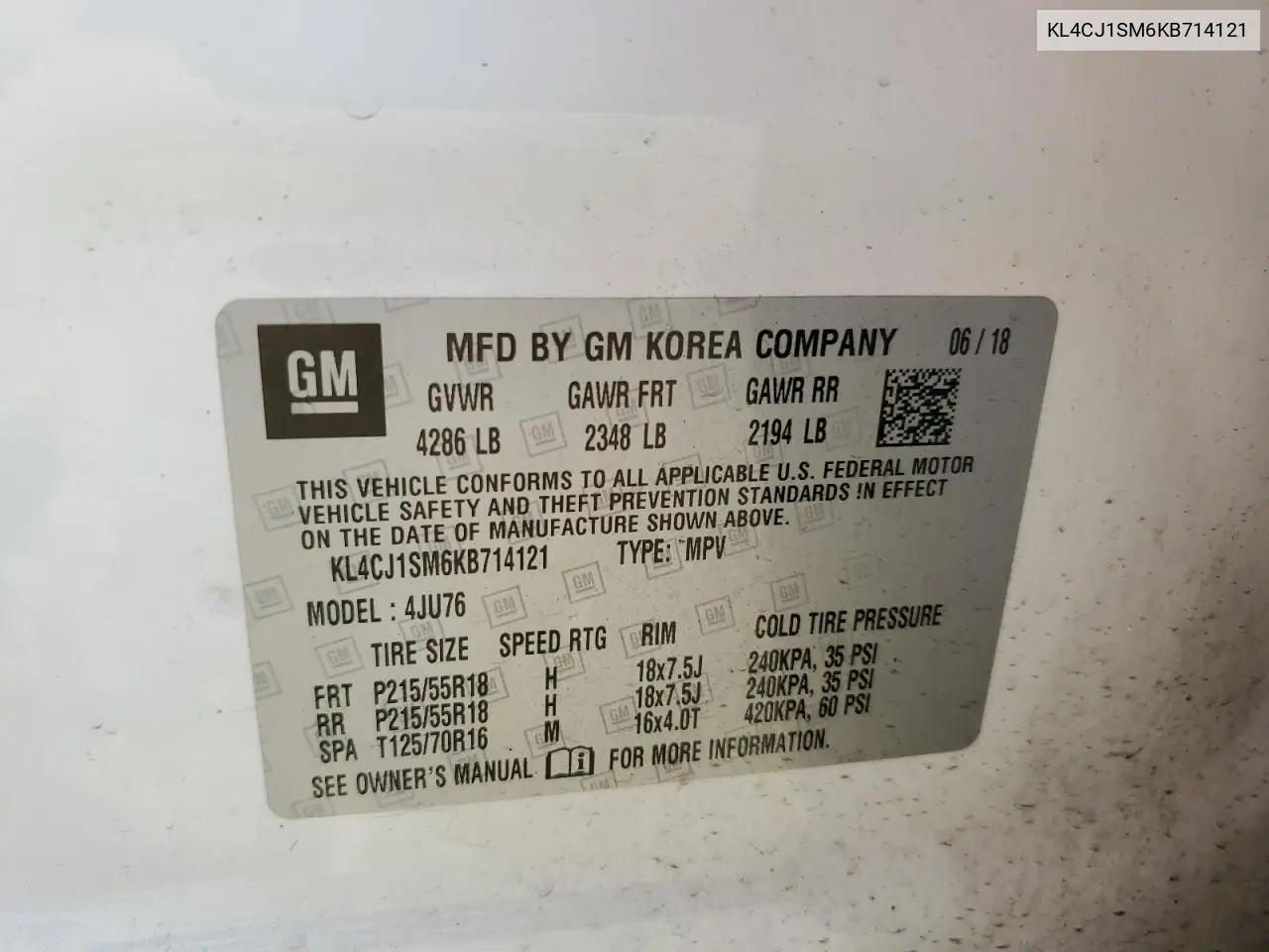 2019 Buick Encore Sport Touring VIN: KL4CJ1SM6KB714121 Lot: 66206735