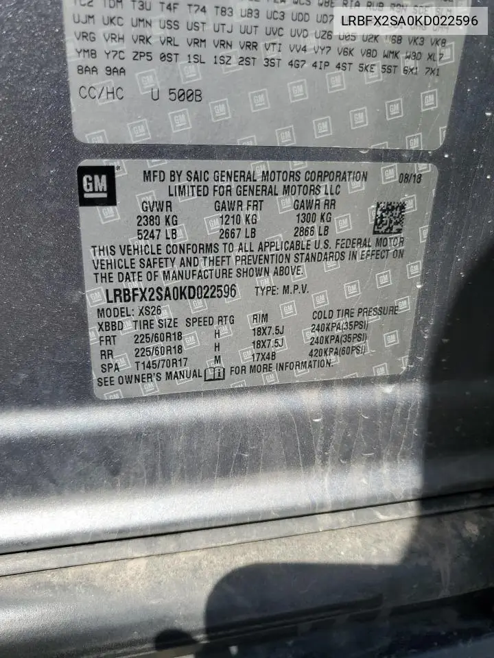2019 Buick Envision Essence VIN: LRBFX2SA0KD022596 Lot: 55992155