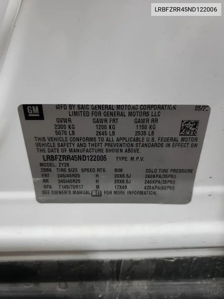 2022 Buick Envision Avenir VIN: LRBFZRR45ND122006 Lot: 57126245