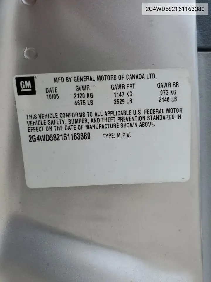 2006 Buick Lacrosse Cxl VIN: 2G4WD582161163380 Lot: 56297415