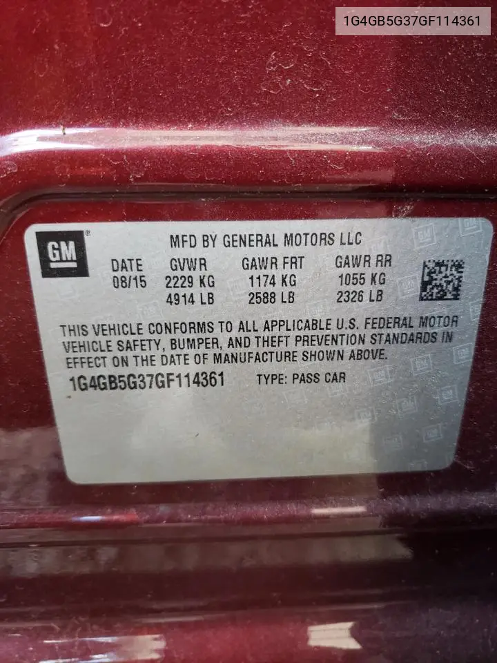 2016 Buick Lacrosse VIN: 1G4GB5G37GF114361 Lot: 56867085
