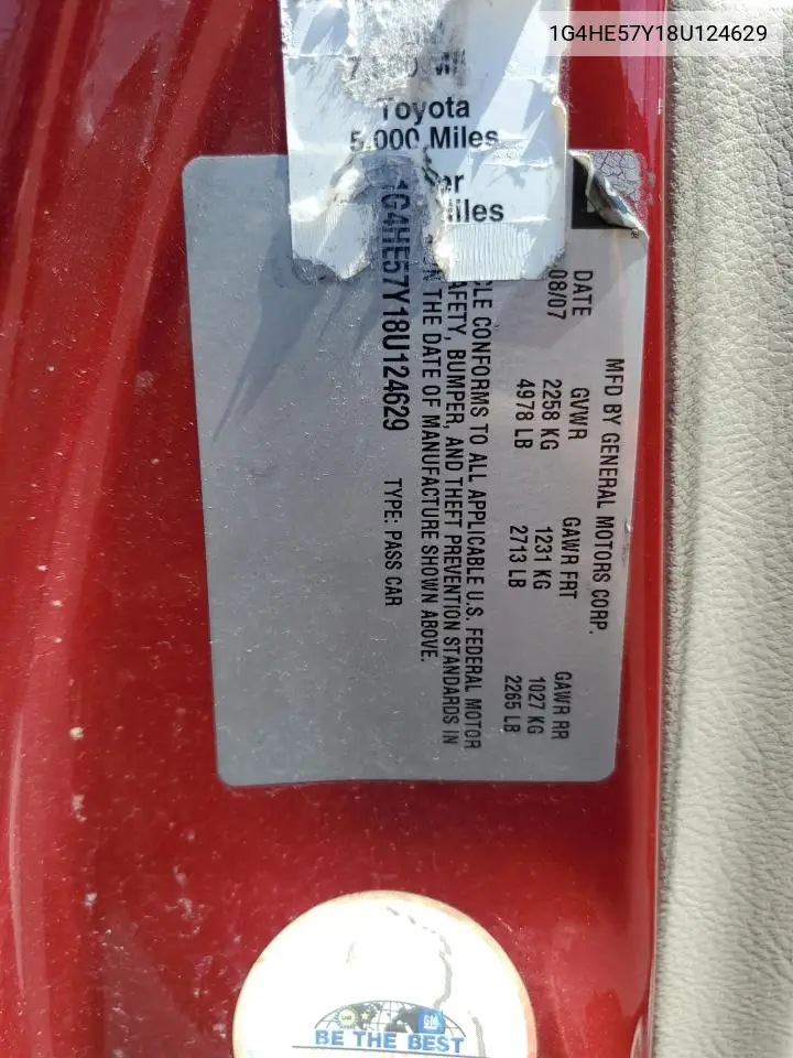2008 Buick Lucerne Cxs VIN: 1G4HE57Y18U124629 Lot: 55378975
